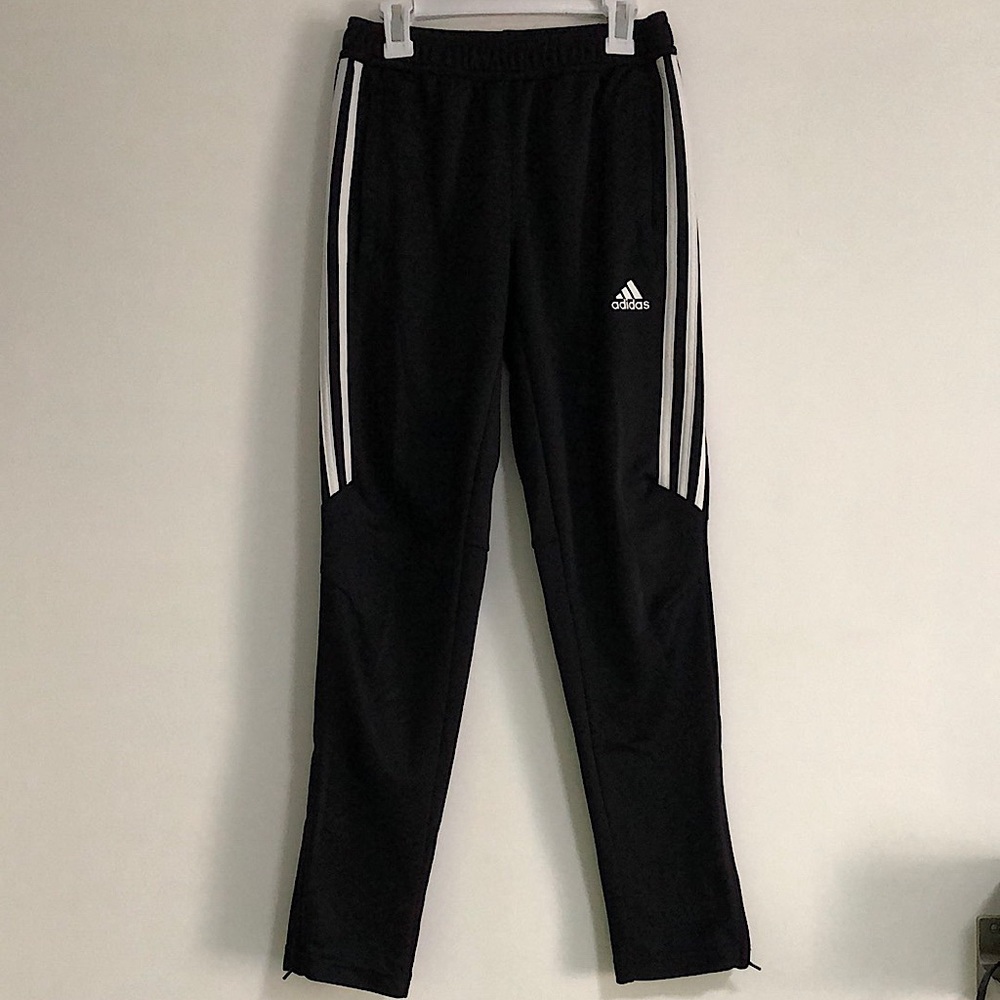 Black and white striped adidas joggers